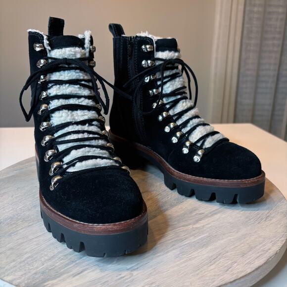 Jeffrey Campbell Shoes - Jeffrey Campbell Black Suede Shearling Lace-Up Lug Sole Boots Women’s Size 7